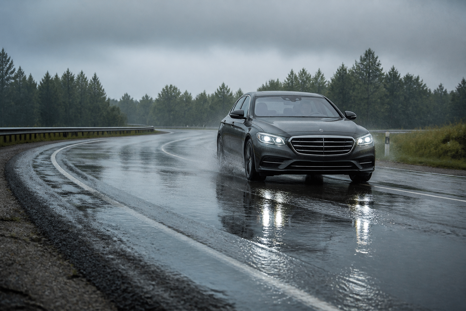 Mercedes Hydroplaning: Slow Down, Avoid Grooves, Brake Cautiously